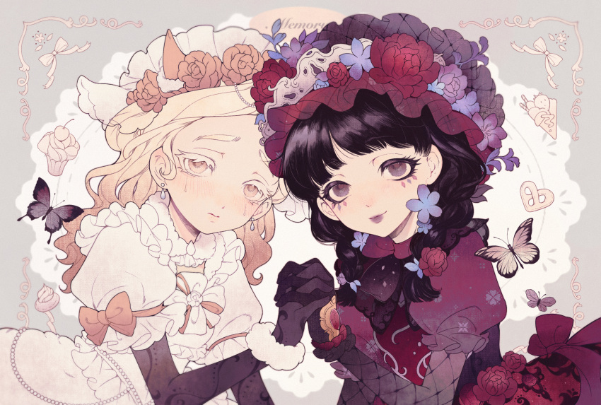 2girls, animal_ears, black_gloves, black_hair, black_vs_white, blonde_hair, bow, bug