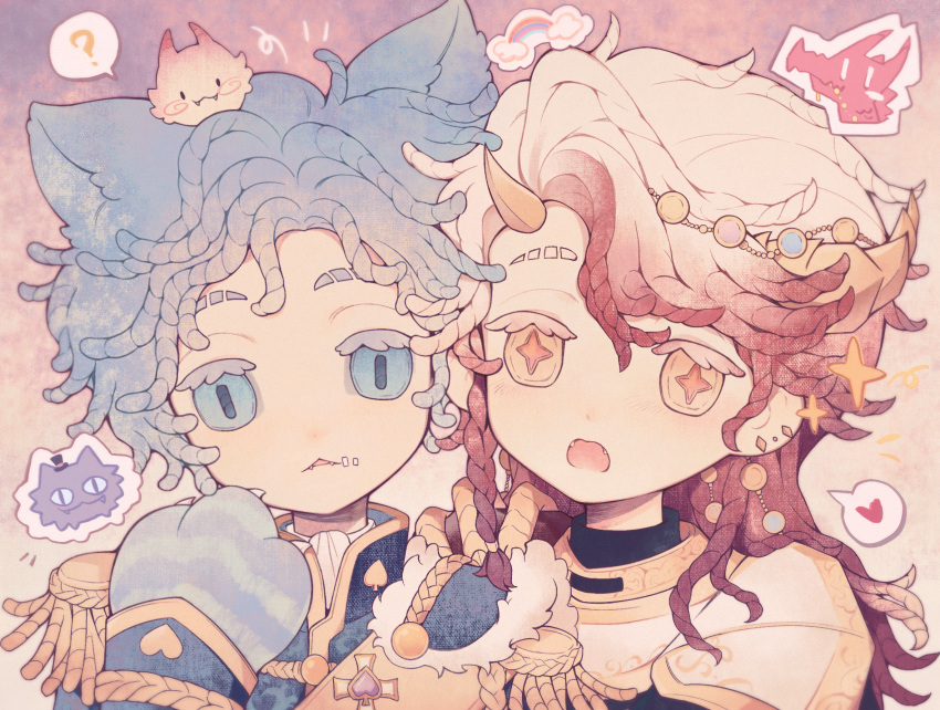 2boys, animal_ears, animal_hands, blue_eyes, blue_hair, button_eyes, buttons, cat_ears
