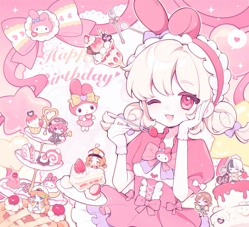6+girls, :3, :d, animal_ear_hairband, animal_ears, balloon, blonde_hair, bow, cake, cake_slice, character_ornament, chibi, chunjian_(chenlu769), corset, fake_animal_ears, food, frilled_skirt, frills, fruit, gloves, hairband, happy_birthday, highres, identity_v, lace_background, lily_barriere, lily_barriere_(bishop-f1), lily_barriere_(congretator), lily_barriere_(fluorite), lily_barriere_(oph.lily), lily_barriere_(rising_star), lily_barriere_(stunning_my_melody), multiple_girls, multiple_persona, my_melody, one_eye_closed, onegai_my_melody, pastel_colors, pastry, pink_bow, pink_corset, pink_eyes, pink_skirt, pink_theme, puffy_sleeves, rabbit_ear_hairband, rabbit_ears, sanrio, shirt, short_twintails, skirt, smile, star_(symbol), strawberry, twintails, white_shirt