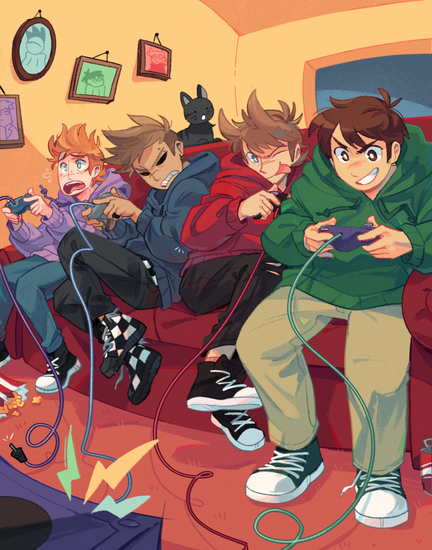 4boys, blue_hoodie, bright_pupils, brown_eyes, brown_hair, cat, commentary, controller