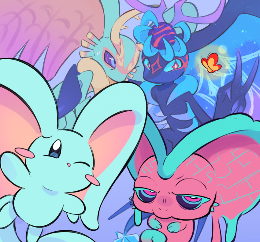 antlers, blue_background, blue_sclera, blush_stickers, brothers, bug, butterfly, colored_sclera, elfilin, fafameow, fecto_elfilis, fecto_forgo, fecto_forgo_(larva), furry, genwel_meteonelfilis, horns, kirby_(series), kirby_and_the_forgotten_land, looking_at_viewer, morpho_knight_(butterfly), one_eye_closed, siblings, spoilers, star-crossed_world, v