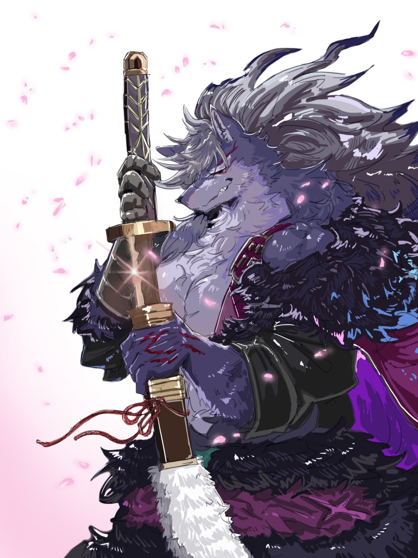 1boy, ahnjo_0401, animal_ears, claws, closed_eyes, commentary_request, falling_petals, folgo_justice_fur_hire