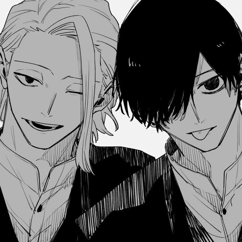 2boys, :p, ;d, asymmetrical_bangs, azami, azami_soushirou, commentary_request, forehead