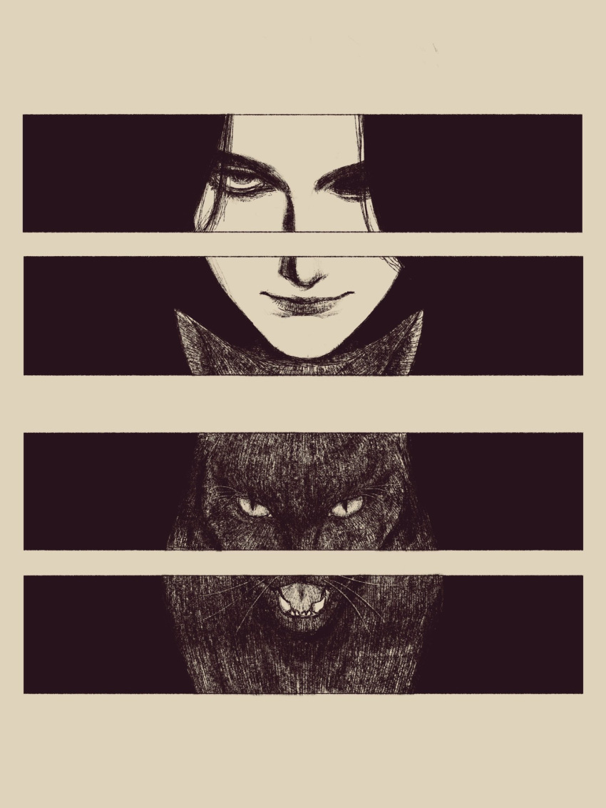 1girl, animal, black_hair, cat, greyscale, highres, long_hair, looking_at_viewer