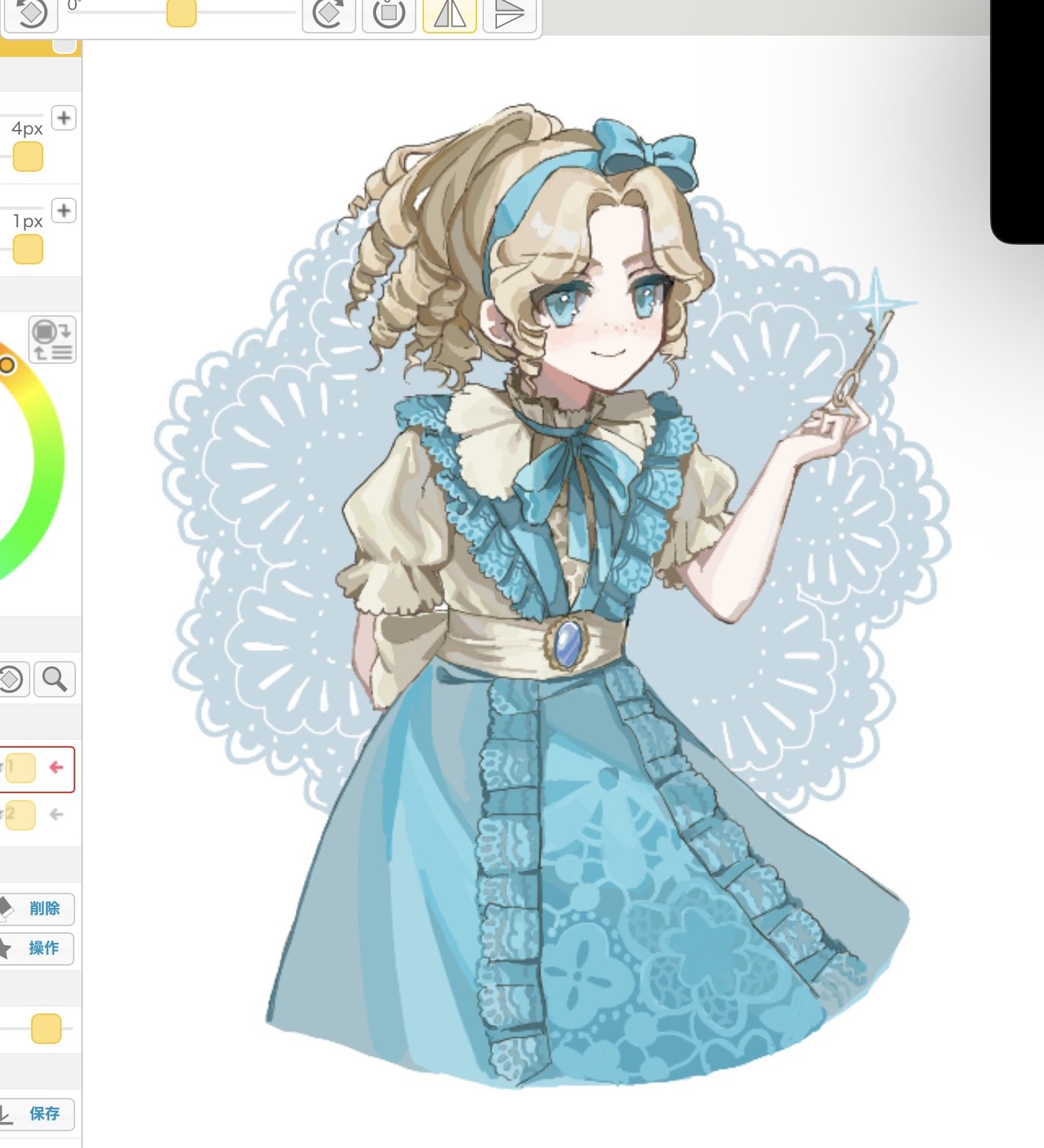 1girl, a4357, alice_deross, alice_deross_(alice_in_dreamland), arm_behind_back, art_program_in_frame, blonde_hair, blue_bow