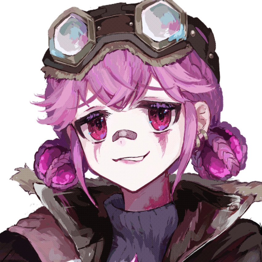 1girl, :3, a4357, bandaid, bandaid_on_face, bandaid_on_nose, commentary, ear_piercing, fur-trimmed_collar, fur_trim, goggles, goggles_on_head, hair_ornament, highres, identity_v, lily_barriere, lily_barriere_(fluorite), makeup, official_alternate_costume, piercing, pink_eyes, pink_hair, pink_lips, pink_theme, popped_collar, portrait, runny_makeup, sidelocks, smirk, solo, sphere_hair_ornament, symbol-only_commentary, turtleneck