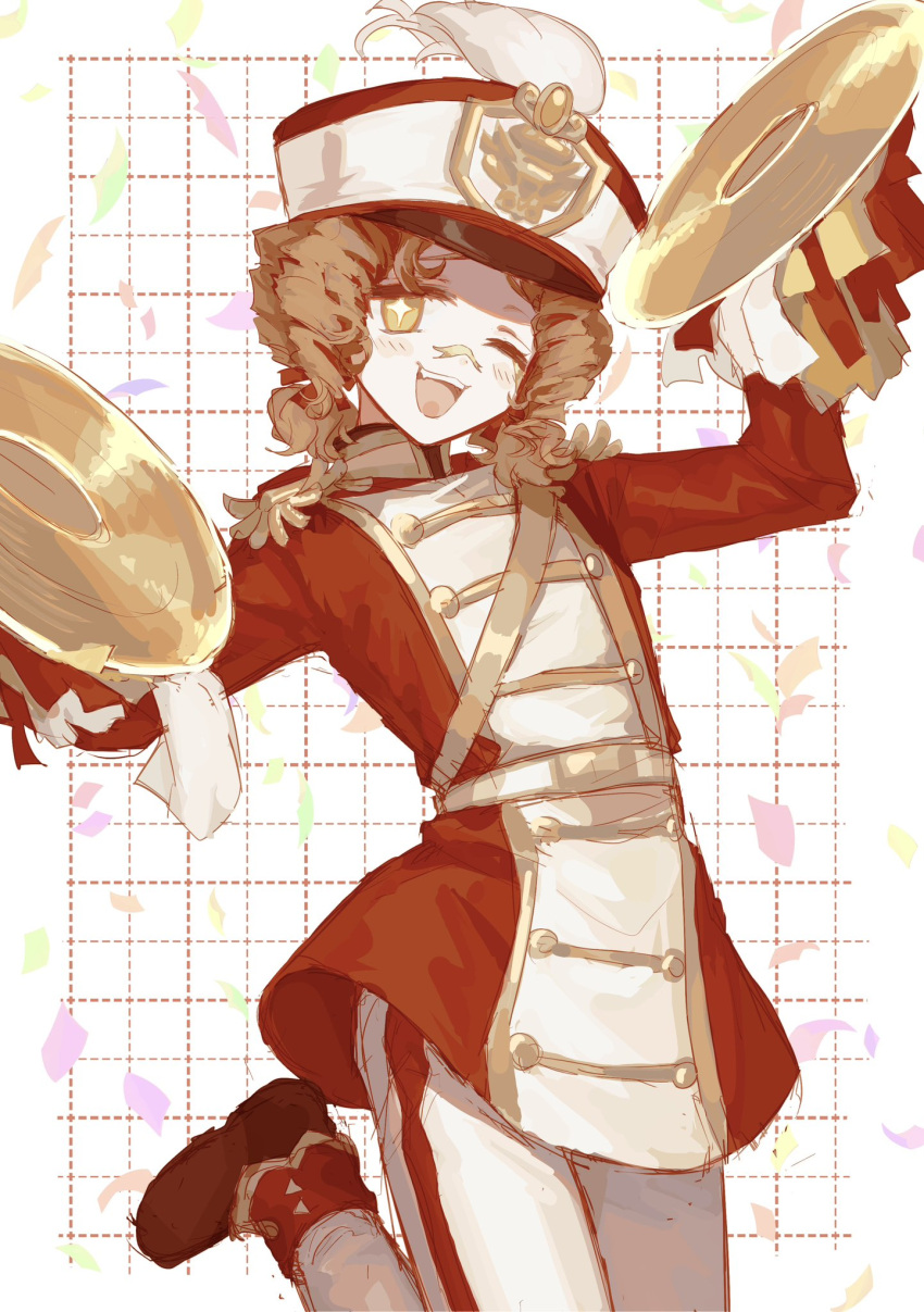 1girl, :d, a4357, arched_back, brown_hair, commentary, confetti, cowboy_shot, cymbals, drill_hair, hat, head_tilt, highres, identity_v, instrument, kepi, leg_up, lily_barriere, lily_barriere_(rising_star), looking_at_viewer, military_hat, official_alternate_costume, one_eye_closed, pants, raised_inner_eyebrows, short_twintails, smile, solo, star-shaped_pupils, star_(symbol), symbol-only_commentary, symbol-shaped_pupils, tareme, twintails, white_pants, yellow_eyes