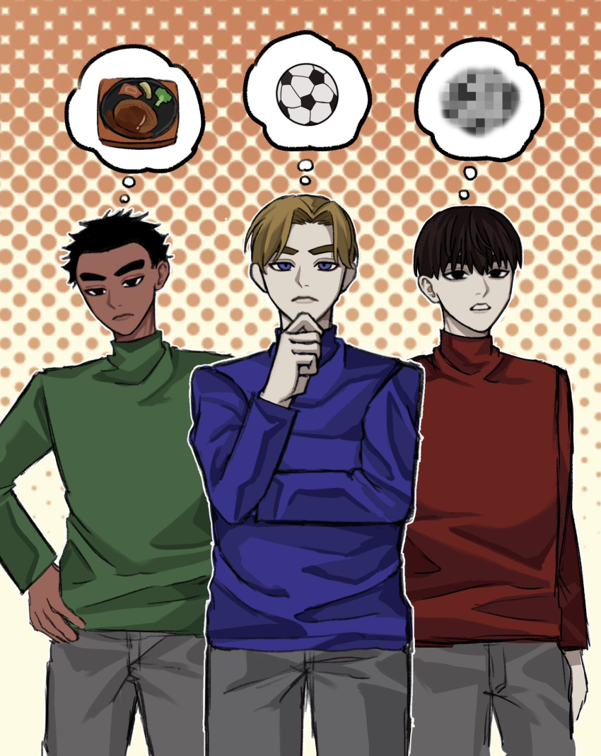 3boys, ball, black_eyes, black_hair, blonde_hair, blue_eyes, blue_shirt, blue_sweater, bowl_cut, brown_hair, censored, closed_mouth, cowboy_shot, dark-skinned_male, dark_skin, food, green_sweater, grey_pants, guest_a_(mii), guest_b_(mii), guest_c_(mii), hand_on_own_chin, hand_on_own_hip, highres, long_sleeves, looking_at_viewer, male_focus, mii_(nintendo), mosaic_censoring, multiple_boys, nintendo, pants, red_shirt, shirt, short_hair, soccer_ball, speech_bubble, spoken_food, spoken_object, standing, stroking_own_chin, sweater, thick_eyebrows, thinking, thought_bubble, turtleneck, turtleneck_sweater, wasaki_97