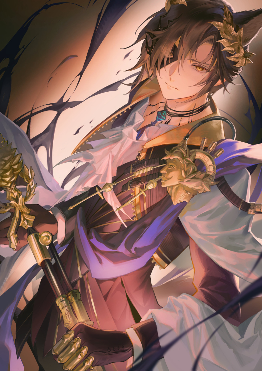 1boy, absurdres, animal_ears, arknights, black_coat, black_hair, cane, cape, cat_boy, cat_ears, closed_mouth, coat, commentary_request, eye_mask, eyes_visible_through_hair, formal_clothes, gold_trim, hair_between_eyes, hair_over_one_eye, half_eye_mask, highres, holding, holding_cane, infection_monitor_(arknights), laurel_crown, long_sleeves, looking_at_viewer, male_focus, mask, material_growth, myluche, oripathy_lesion_(arknights), phantom_(arknights), short_hair, sleeves_past_wrists, solo, standing, tragodia_(arknights), white_cape, yellow_eyes