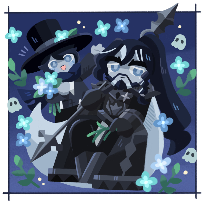 1boy, 1other, ancestor_and_descendant, beard, black_hair, blue_eyes, blue_fire, charcoal_cookie