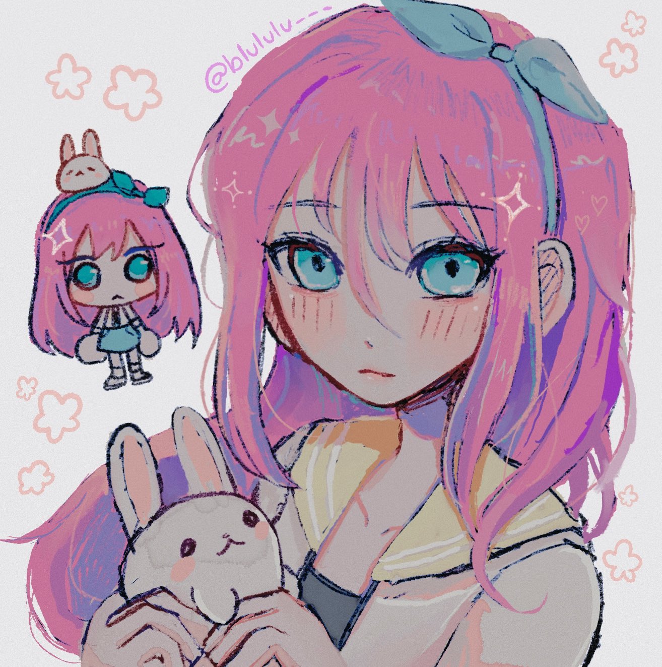 1girl, animal, aubrey_(faraway)_(omori), aubrey_(omori), blue_eyes, blue_hairband, blue_skirt, blush