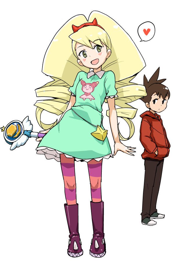1boy, 1girl, blonde_hair, brown_hair, commentary_request, cosplay, dress, drill_hair