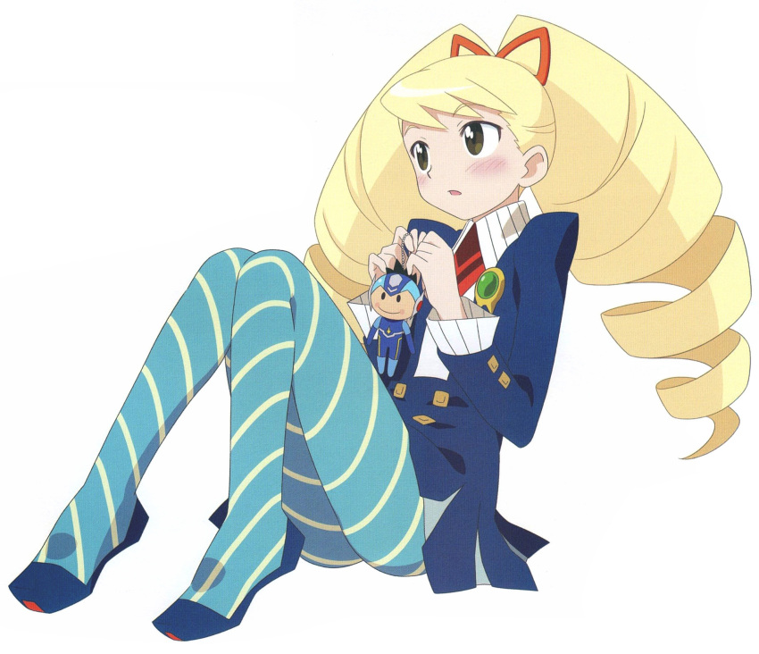 1girl, blonde_hair, blue_dress, blue_pantyhose, blush, bow, dress, drill_hair