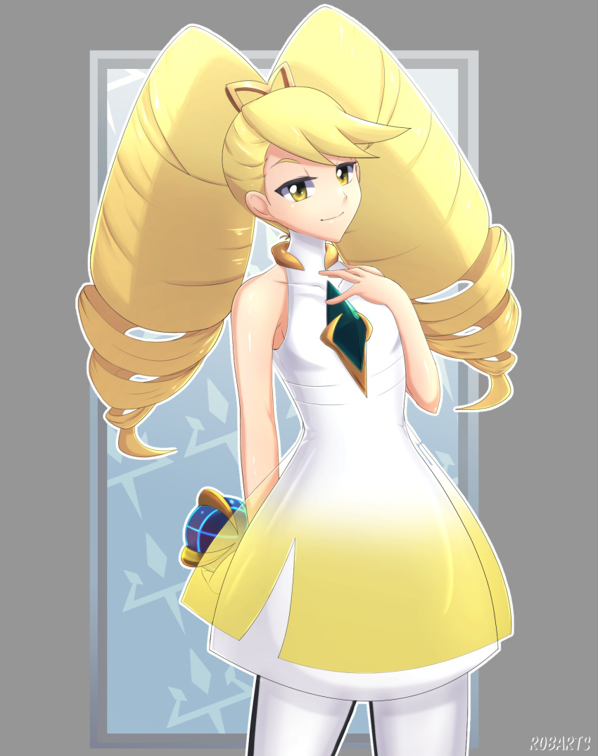 1girl, artist_name, beast_ball, blonde_hair, bow, cosplay, dress, drill_hair