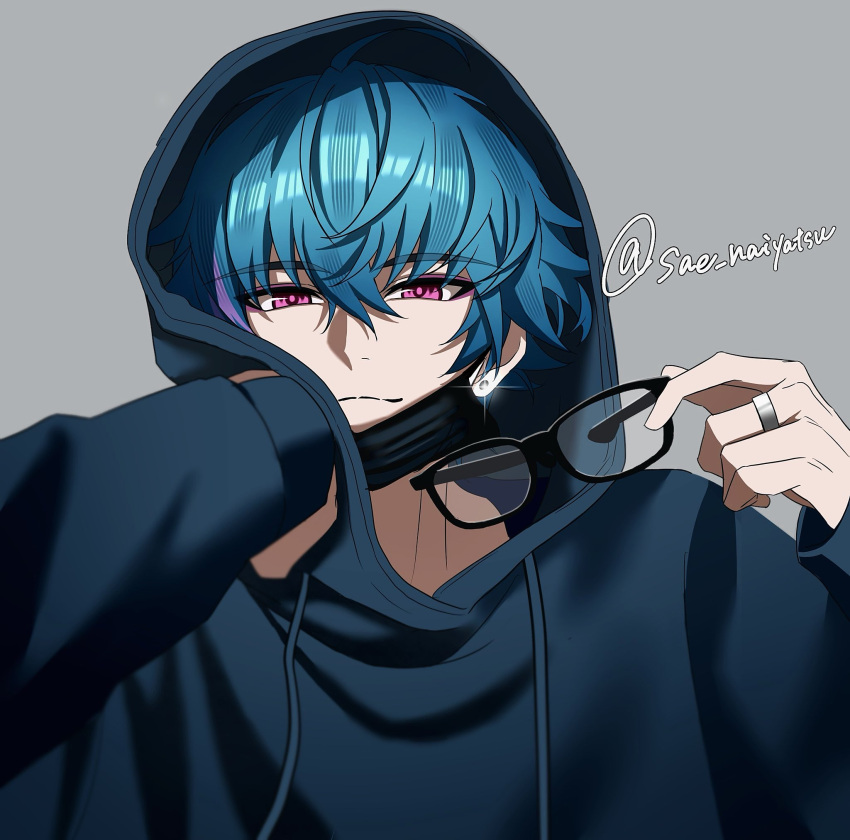1boy, black-framed_eyewear, blue_hair, blue_hoodie, brant_(wuthering_waves), closed_mouth, earrings, glasses, grey_background, hashtag-only_commentary, highres, holding, holding_removed_eyewear, hood, hood_up, hoodie, jewelry, long_sleeves, looking_at_viewer, male_focus, mask, mouth_mask, piercing, pink_eyes, ring, sae_naiyatsu, short_hair, sleeves_past_wrists, solo, stud_earrings, twitter_username, unworn_eyewear, upper_body, wuthering_waves
