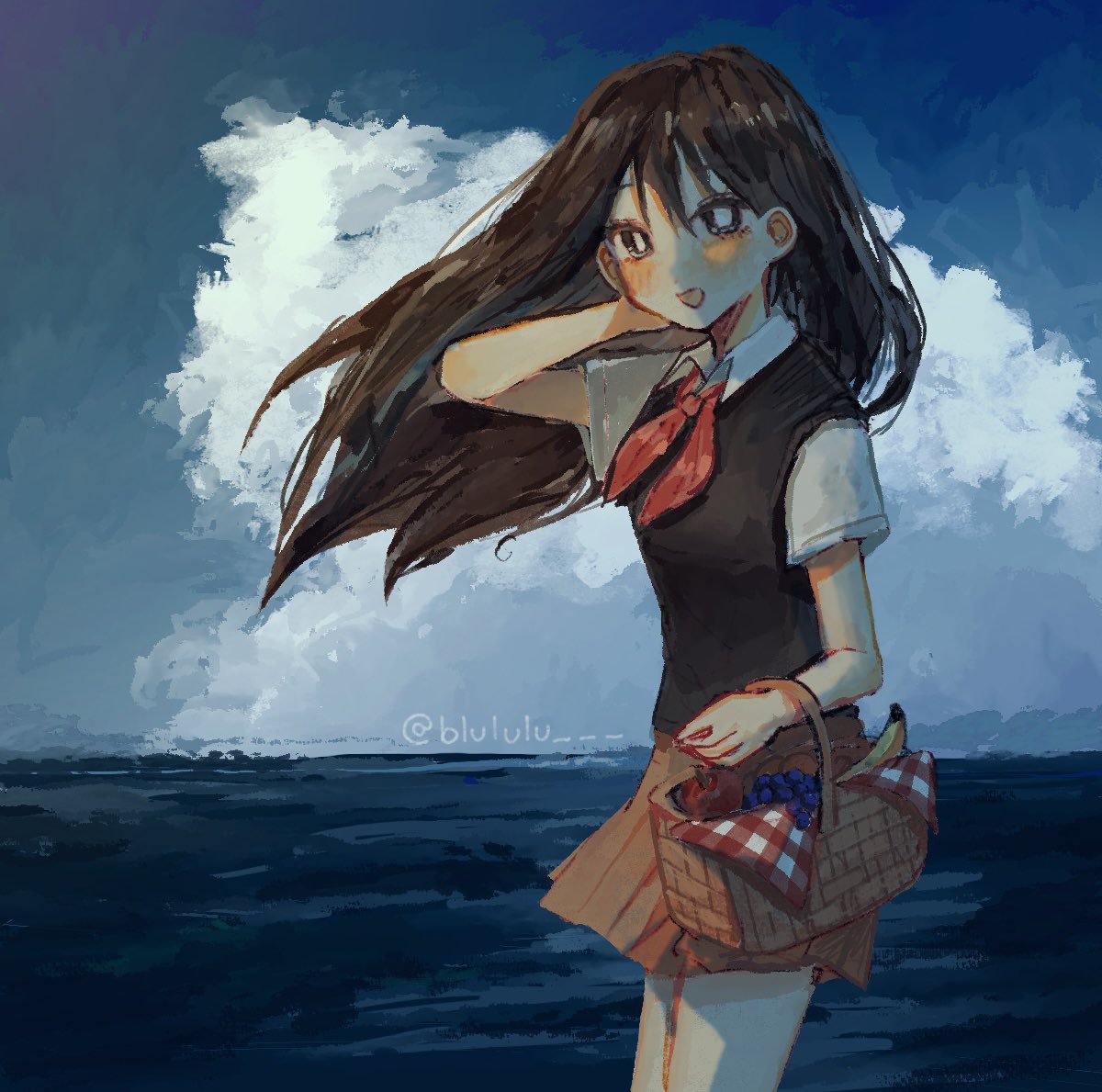 1girl, apple, arm_behind_head, arm_up, banana, black_eyes, black_hair, black_sweater_vest, blue_sky, blush, bright_pupils, clouds, collared_shirt, day, food, fruit, grapes, hair_between_eyes, hashtag-only_commentary, holding_picnic_basket, long_hair, looking_at_viewer, lulu_(blululu), mari_(faraway)_(omori), mari_(omori), neckerchief, omori, open_mouth, outdoors, picnic_basket, pleated_skirt, red_neckerchief, red_skirt, shirt, short_sleeves, skirt, sky, smile, solo, sweater_vest, water, white_pupils, white_shirt