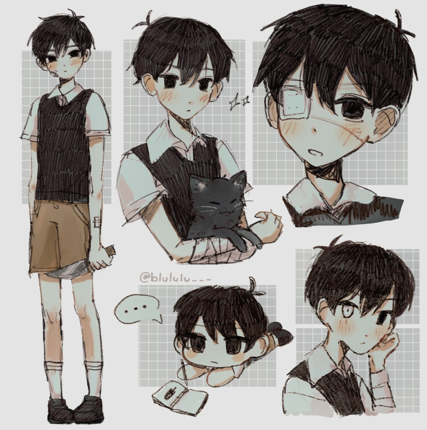 ..., 1boy, animal, antenna_hair, bandaged_arm, bandages, black_eyes, black_hair