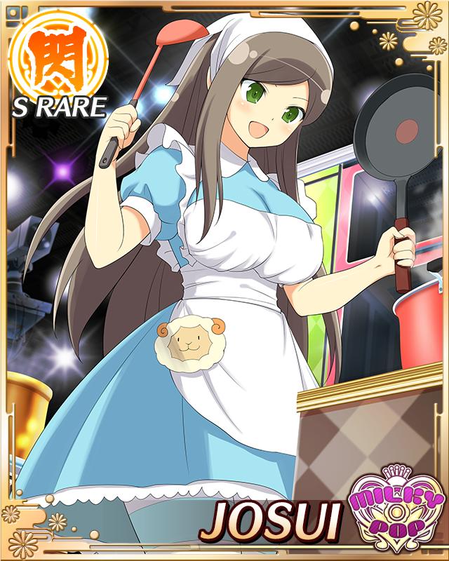 1girl, :d, alternate_costume, apron, bandana, blue_dress, border, breasts