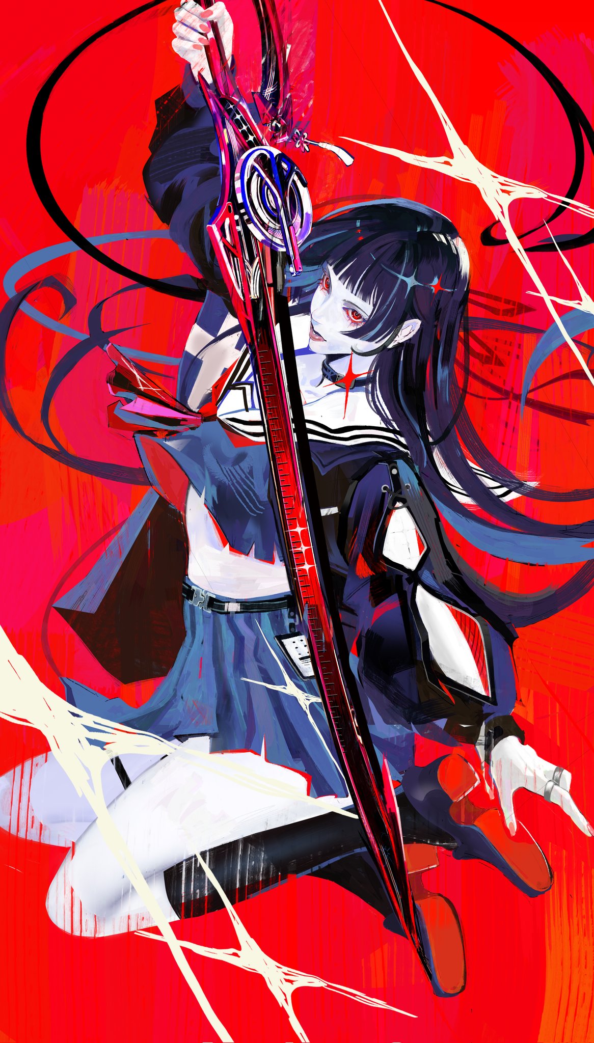 1girl, black_choker, black_serafuku, black_shirt, black_skirt, chisa_(wuthering_waves), choker, commentary