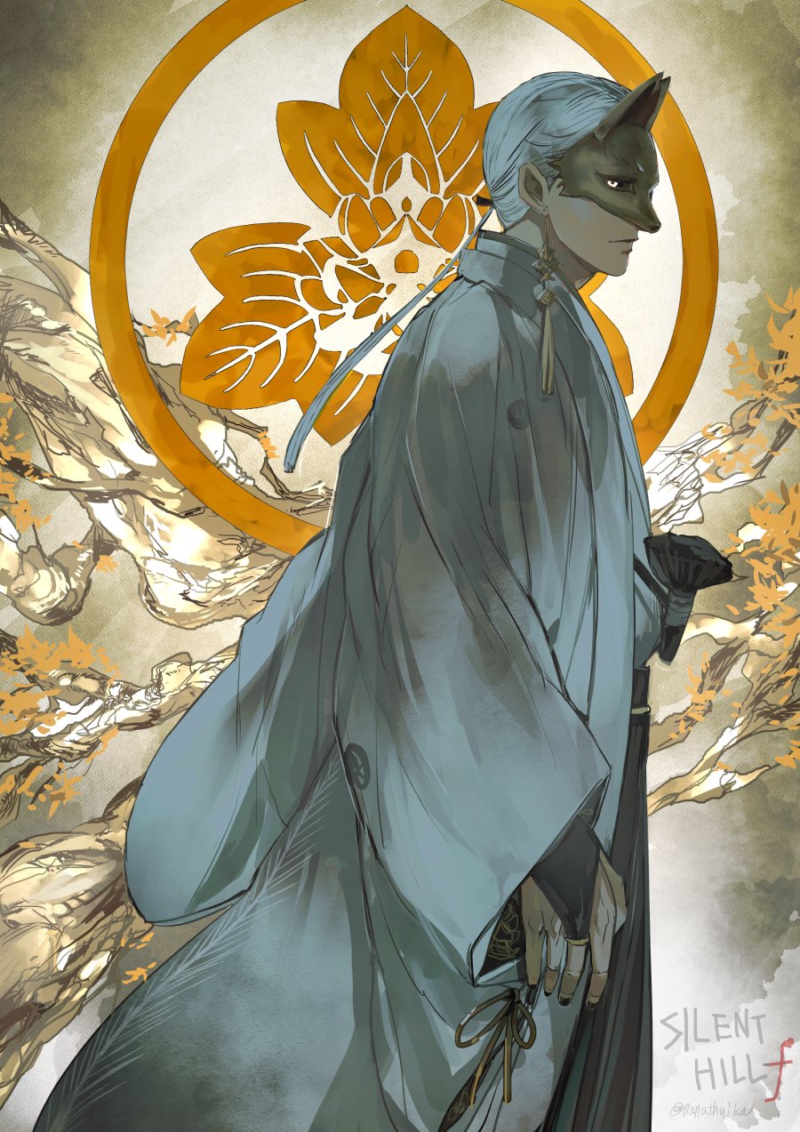 1boy, commentary_request, earrings, fox_mask, fox_mask_(silent_hill), highres, japanese_clothes, jewelry, kimono, mask, nanathuika, robe, silent_hill_(series), silent_hill_f, tassel, tassel_earrings, white_hair, white_kimono, white_robe