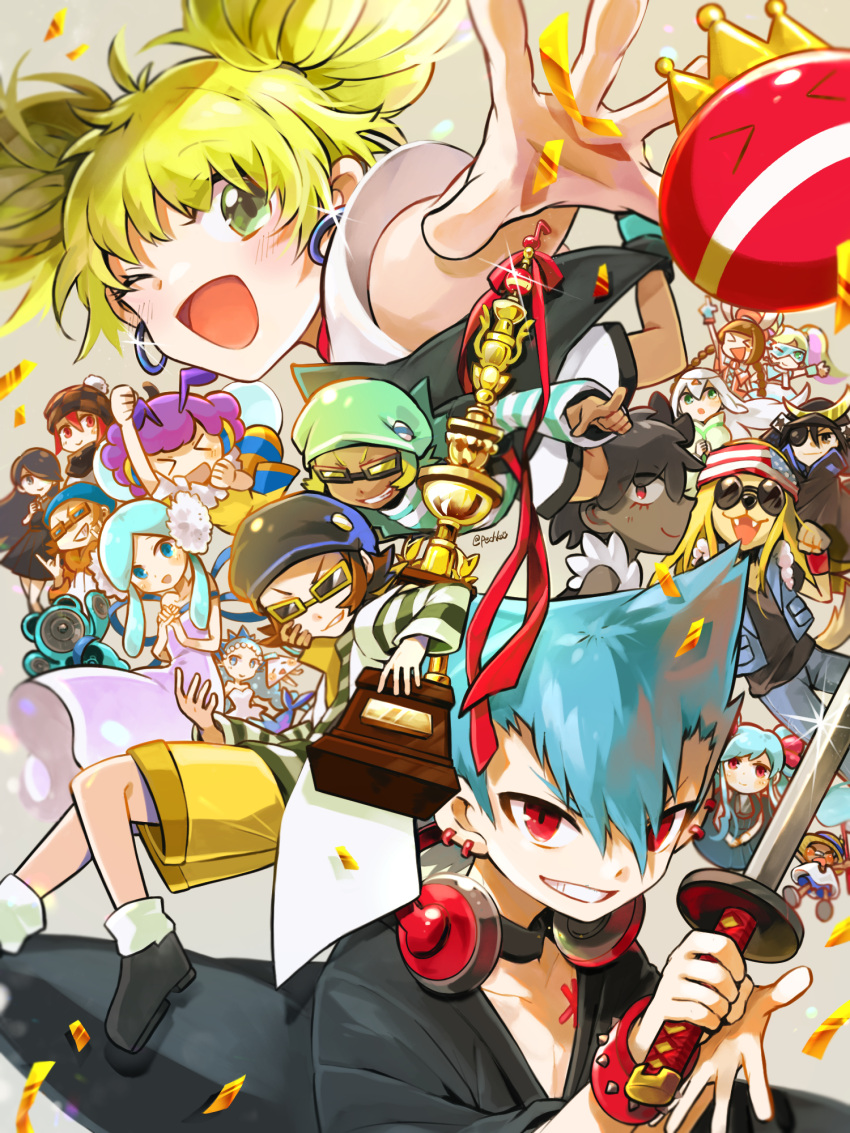 >_<, 6+boys, 6+girls, american_flag, american_flag_print, armor, arthropod_girl, bee_girl, bemani, blonde_hair, candy_(pop'n_music), character_request, clone, commentary, dark-skinned_female, dark_skin, dog_boy, earrings, fangs, flag_print, furry, furry_male, green_eyes, helmet, highres, holding, holding_sword, holding_weapon, hot.d, japanese_armor, jewelry, kabuto_(helmet), konami_arcade_championship, lisa_(pop'n_music), mana_(pop'n_music), masamune_(pop'n_music), mimi_(pop'n_music), multiple_boys, multiple_girls, natsubou_(pop'n_music), outstretched_arm, pechka, pop'n_music, purple_hair, rectangular_eyewear, red_eyes, roku_(pop'n_music), shion_(pop'n_music), shirt, smile, sunglasses, sword, trophy, weapon, white_hair, white_shirt, yellow_shirt