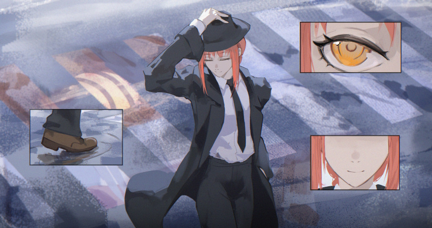 1girl, absurdres, black_necktie, black_pants, braid, braided_ponytail, business_suit, chainsaw_man