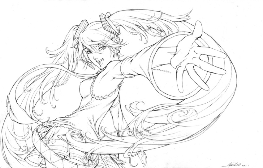 alvin_lee, detached_sleeves, hatsune_miku, headphones, headset, lineart, long_hair, looking_back, monochrome, necktie, open_mouth, outstretched_arm, skirt, solo, twintails, very_long_hair, vocaloid