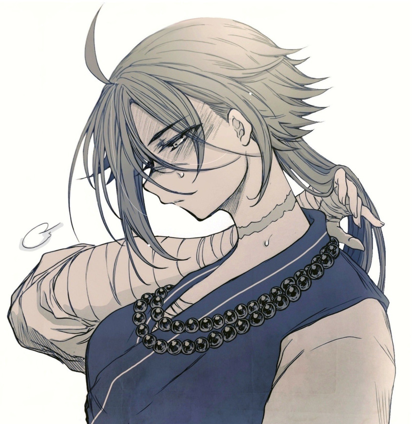 1girl, ahoge, bandaged_arm, bandaged_chest, bandages, bead_necklace, beads, commentary_request