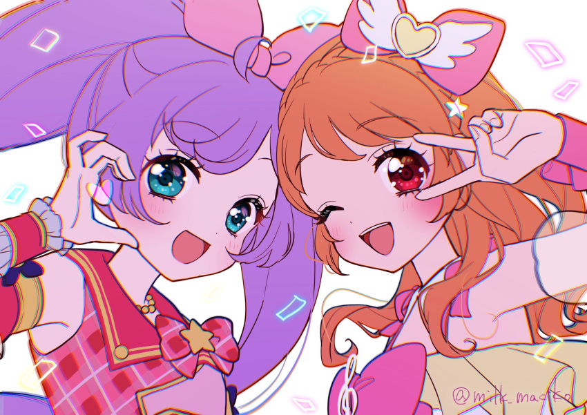 2girls, :d, ;d, ahoge, aikatsu!, aikatsu!_(series), aikatsu!_x_pripara_the_movie_-deai_no_kiseki!-, blue_eyes