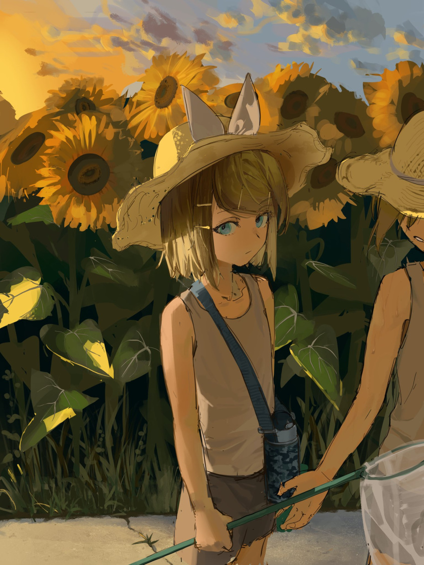 1boy, 1girl, alternate_costume, blonde_hair, blue_eyes, bottle, butterfly_net, clouds