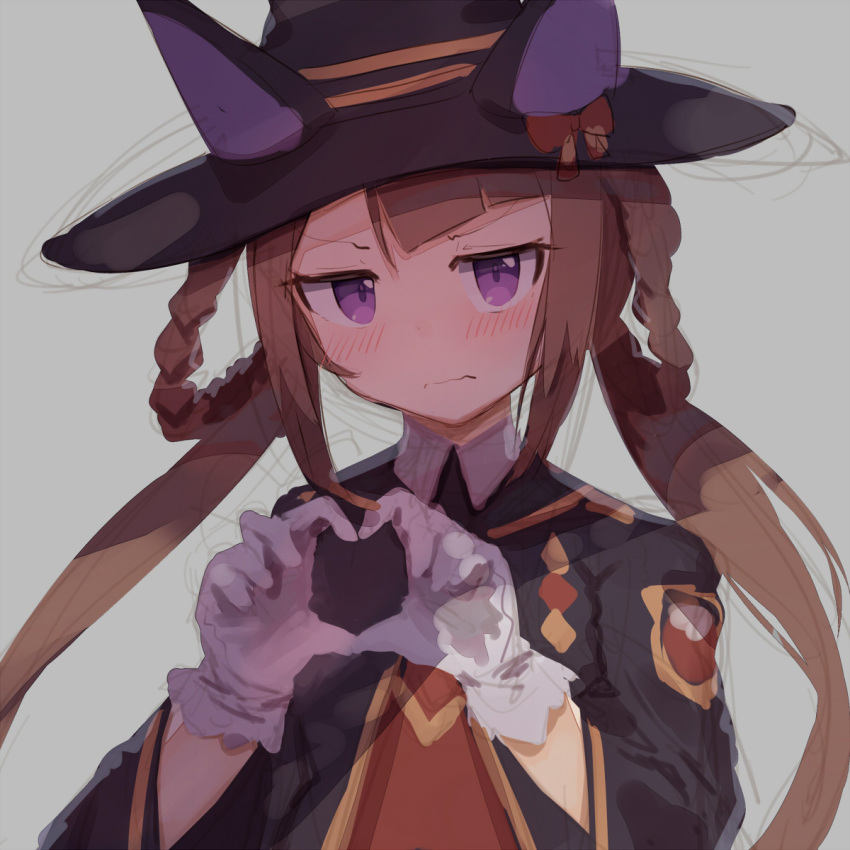 1girl, black_coat, black_hat, blush, bow, braid, braided_hair_rings, brown_hair, closed_mouth, coat, four-finger_heart_hands, gloves, grey_background, hair_rings, hat, hat_bow, heart, heart_hands, highres, long_hair, long_sleeves, looking_at_viewer, red_bow, shone, solo, sweater_vest, sweep_tosho_(platanus_witch)_(umamusume), sweep_tosho_(umamusume), umamusume, upper_body, violet_eyes, white_gloves, witch_hat