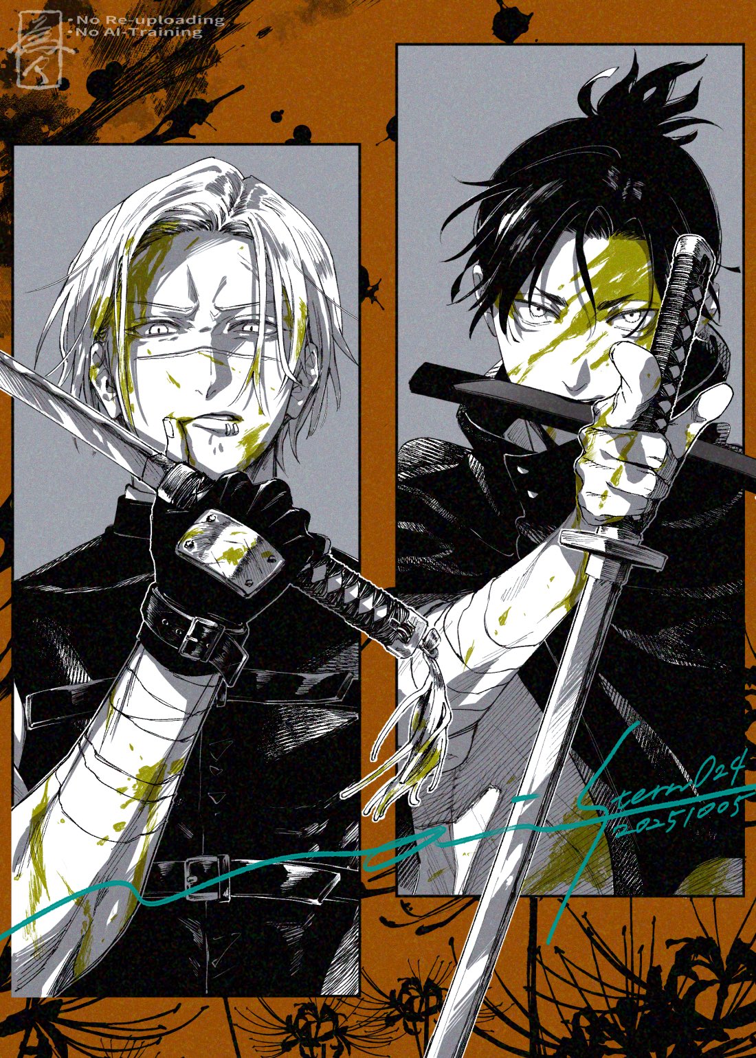 2boys, commentary_request, face_piercing, greyscale, high_ponytail, highres, holding, holding_sword, holding_weapon, kagurabachi, katana, lip_piercing, looking_at_viewer, male_focus, monochrome, multiple_boys, natsuki_misaka, partially_colored, piercing, ponytail, scar, scar_on_face, scar_on_nose, sheath, sheath_in_mouth, short_hair, spot_color, stern024, sword, uruha_youji, weapon