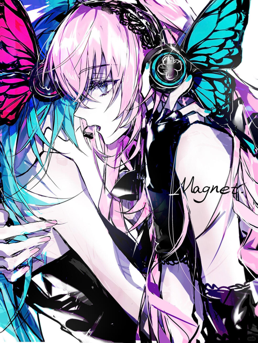 2girls, aqua_nails, black_dress, black_gloves, black_lace_trim, blue_eyes, blue_hair, bug, butterfly, dress, elbow_gloves, expressionless, fingerless_gloves, gloves, hair_between_eyes, hanaseto, hand_on_another's_back, hand_on_another's_neck, hatsune_miku, headphones, headset, highres, hug, lace_trim, long_hair, magnet_(vocaloid), megurine_luka, multiple_girls, open_mouth, pale_skin, pink_hair, pink_nails, sidelocks, song_name, strapless, strapless_dress, vocaloid, white_background