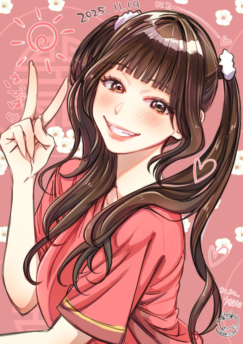 1girl, animification, blunt_bangs, blush, brown_eyes, brown_hair, commentary_request, dated