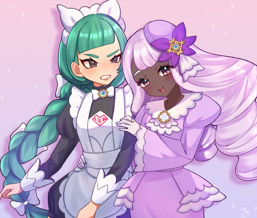2girls, :d, apron, blush, braid, brown_eyes, clenched_teeth, commentary_request, dark-skinned_female, dark_skin, dress, eyelashes, gloves, green_hair, harumep2501, highres, jacinthe_(pokemon), jewelry, lebanne_(pokemon), long_hair, long_sleeves, looking_at_viewer, multiple_girls, open_mouth, pink_hair, pokemon, pokemon_legends:_z-a, puffy_sleeves, purple_dress, ring, smile, teeth, tilted_headwear, tongue, upper_teeth_only, white_apron, white_gloves