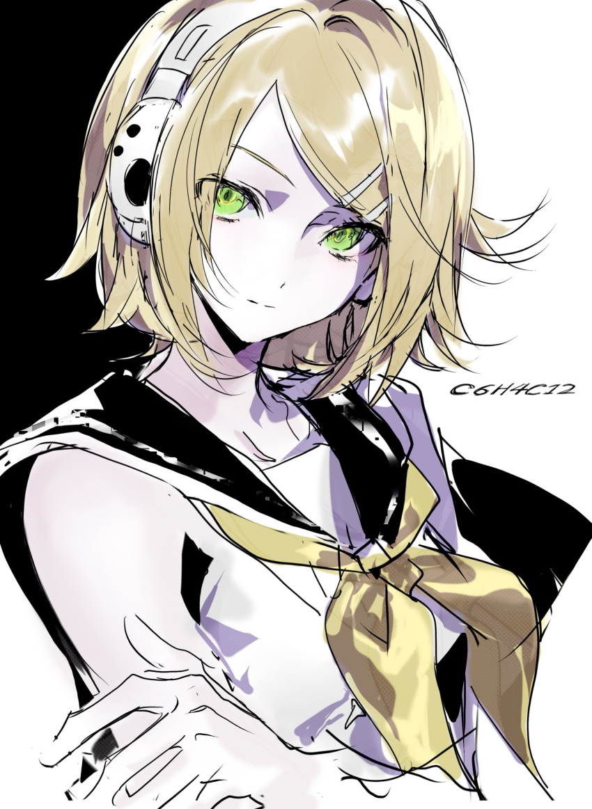 1girl, antichlorobenzene_(vocaloid), black_background, blonde_hair, closed_mouth, collared_shirt, crossed_arms, expressionless