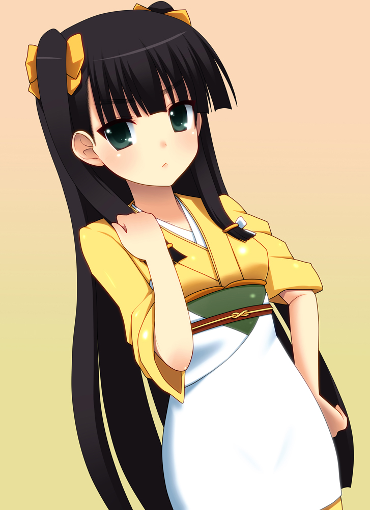 blush, bow, daiakuji, green_eyes, hair_bow, hair_ornament, hand_on_hip, japanese_clothes