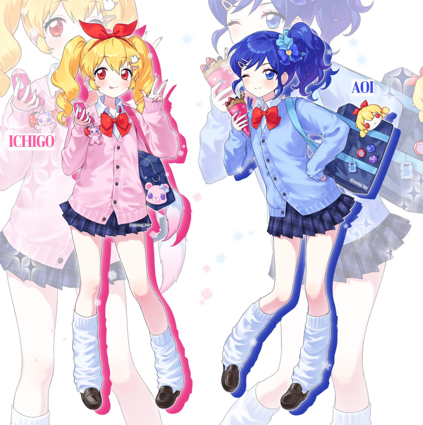 2girls, :p, aikatsu!, aikatsu!_(series), bag, bag_charm, blonde_hair, blue_cardigan