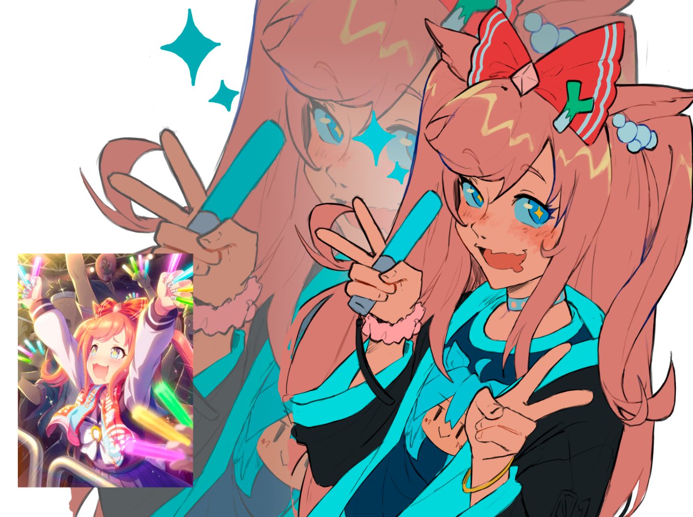 agnes_digital_(umamusume), animal_ears, blue_eyes, blue_sclera, blush, brown_hair, character_print, colored_sclera, commentary, double_v, drooling, english_commentary, from_side, hatsune_miku, holding_lightstick, horse_ears, horse_girl, lightstick, mouth_drool, print_shirt, reference_inset, sainttufa, shirt, simple_background, sparkle, star-shaped_pupils, star_(symbol), symbol-shaped_pupils, umamusume, upper_body, v, white_background