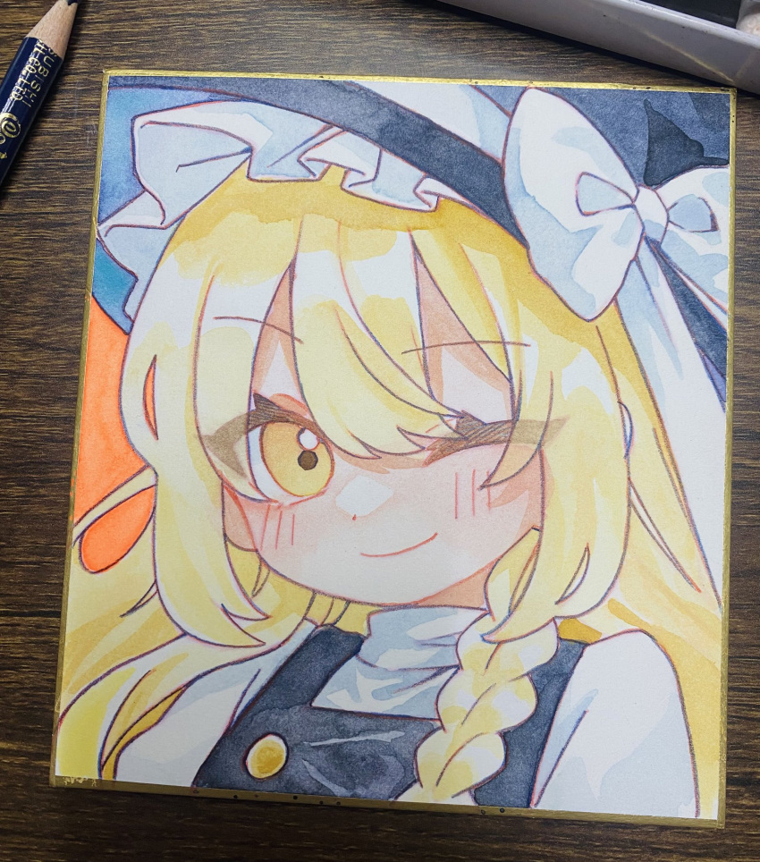 1girl, ;), art_tools_in_frame, black_hat, black_vest, blonde_hair, bow, closed_mouth