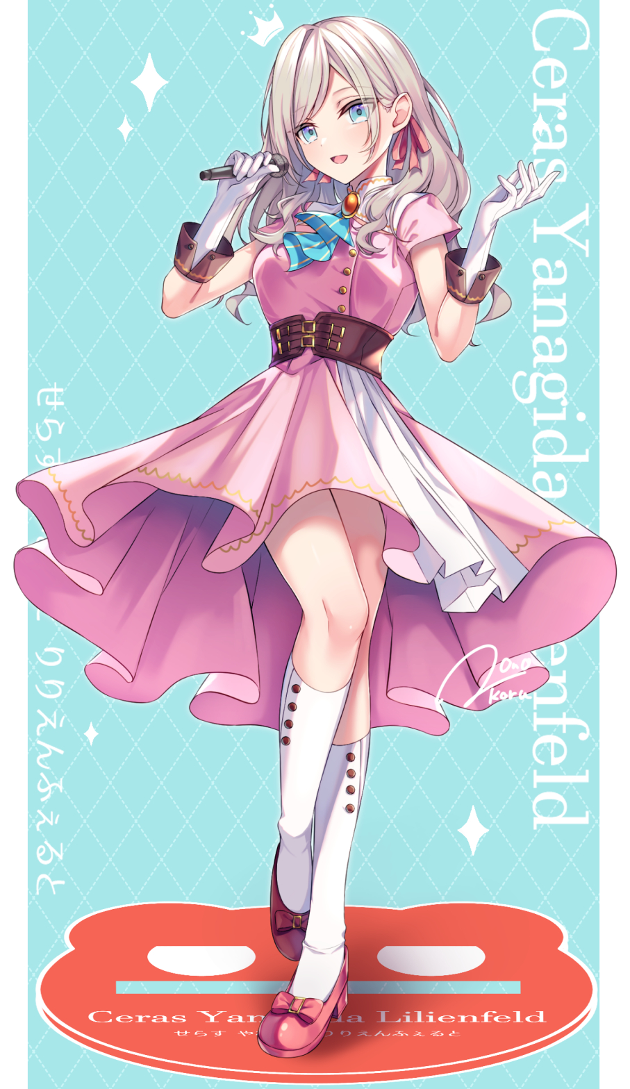 1girl, :d, acrylic_stand_(medium), aqua_ascot, ascot, blue_eyes, bow, breasts