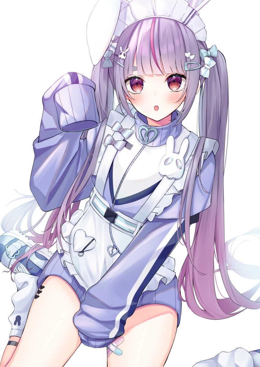 1girl, apron, blue_bow, blue_shoes, blunt_bangs, bow, cattleya_regina_games, commentary, crossed_bandaids, frilled_apron, frills, ghost_hair_ornament, hair_bow, hair_ornament, hairclip, heart, heart_hair_ornament, highres, jacket, jersey_maid, konorua511, long_sleeves, looking_at_viewer, maid, maid_headdress, pink_streaks, purple_hair, purple_jacket, shoes, simple_background, sitting, sleeves_past_fingers, sleeves_past_wrists, sneakers, solo, symbol-only_commentary, tosaki_mimi, tosaki_mimi_(4th_costume), track_jacket, twintails, unconventional_maid, virtual_youtuber, vspo!, waist_apron, wariza, white_apron, white_background, white_bow