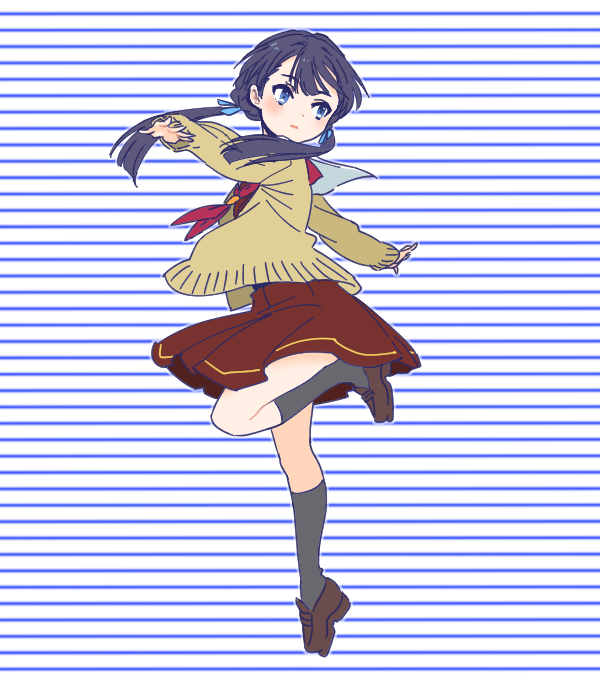 1girl, black_socks, blue_background, blue_eyes, blue_hair, brown_cardigan, brown_dress, brown_shoes