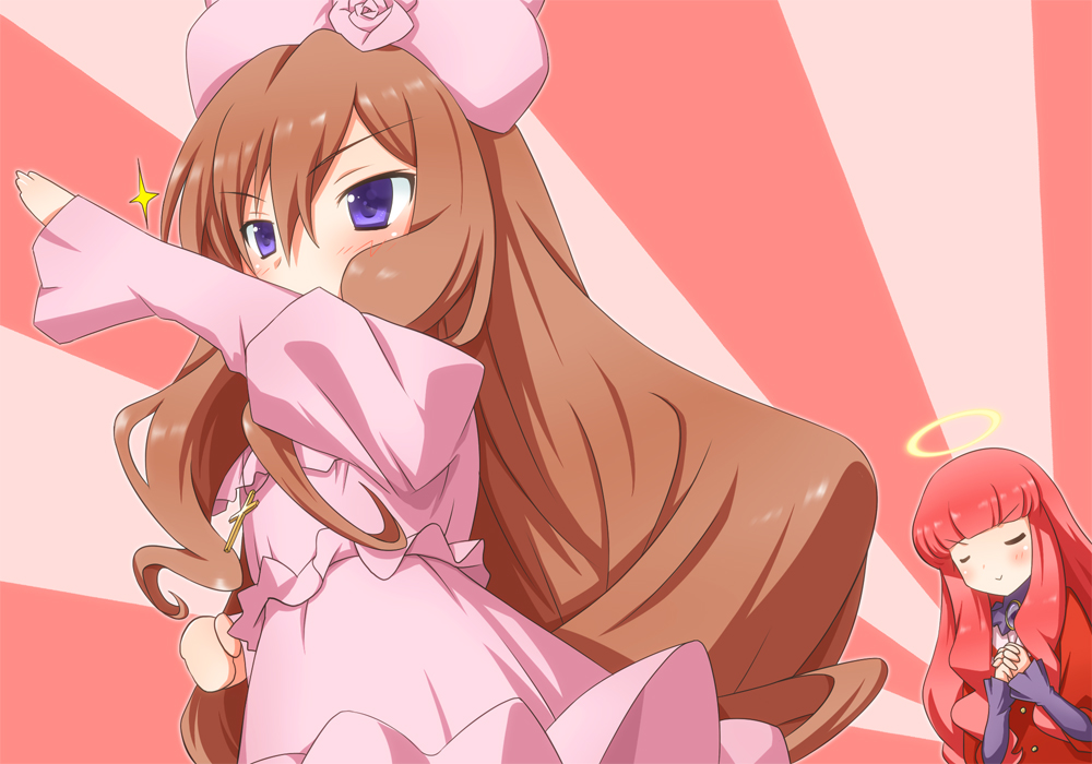 brown_hair, closed_eyes, cross, doll, dress, eyes_closed, frills, halo