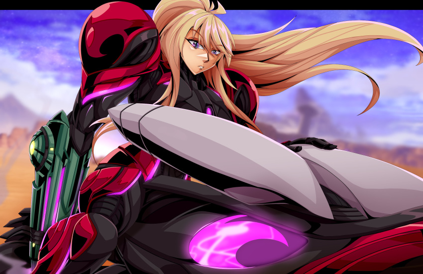 absurdres, andoryu_anzuru, arm_cannon, blonde_hair, blue_eyes, desert, highres, long_hair