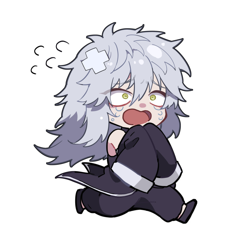 1boy, black_pants, chibi, chibi_only, commentary_request, crying, green_eyes, grey_hair