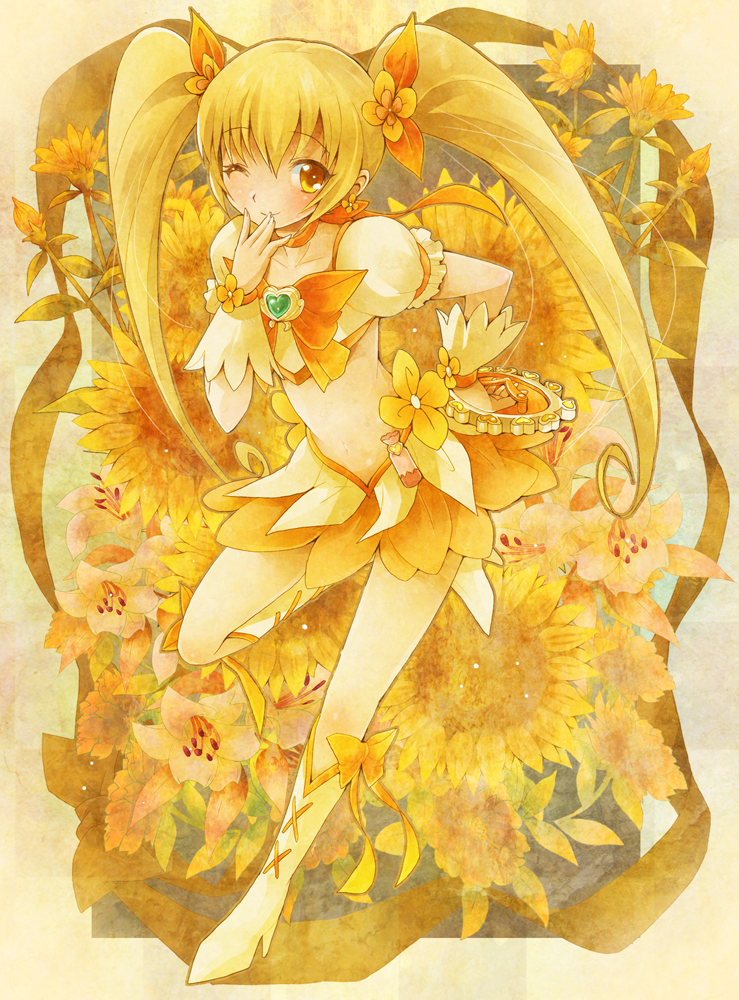 blonde_hair, boots, bow, cure_sunshine, flower, hair_ribbon, hand_to_mouth, heartcatch_precure!