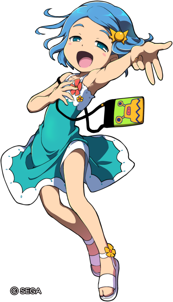 1girl, armpits, bag, blue_dress, blue_eyes, blue_hair, blush_stickers, chunithm