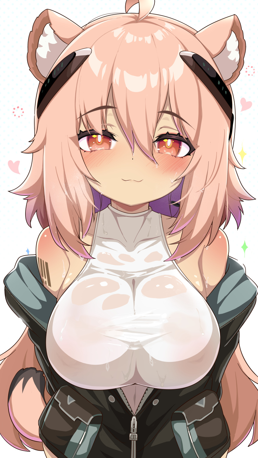 1girl, absurdres, ahoge, animal_ear_fluff, animal_ears, arknights, babalababa, barcode, barcode_tattoo, bare_shoulders, black_jacket, blush, bodysuit, breasts, bright_pupils, closed_mouth, commentary_request, gravel_(arknights), highres, huge_breasts, jacket, looking_at_viewer, medium_hair, off_shoulder, partially_open_jacket, pink_hair, red_eyes, simple_background, sleeveless, smile, solo, sweat, tail, tattoo, upper_body, white_background, white_bodysuit