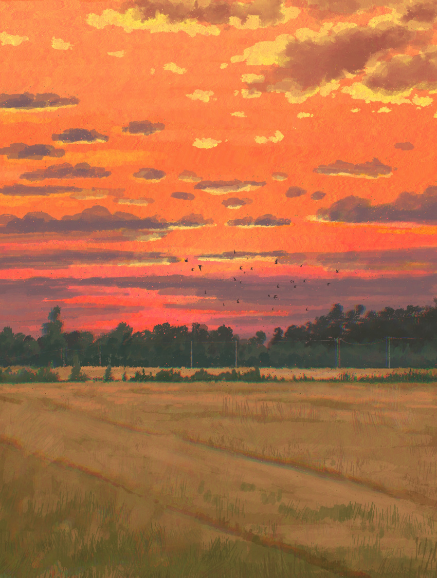 absurdres, chromatic_aberration, clouds, cloudy_sky, commentary_request, evening, fangpeii, field